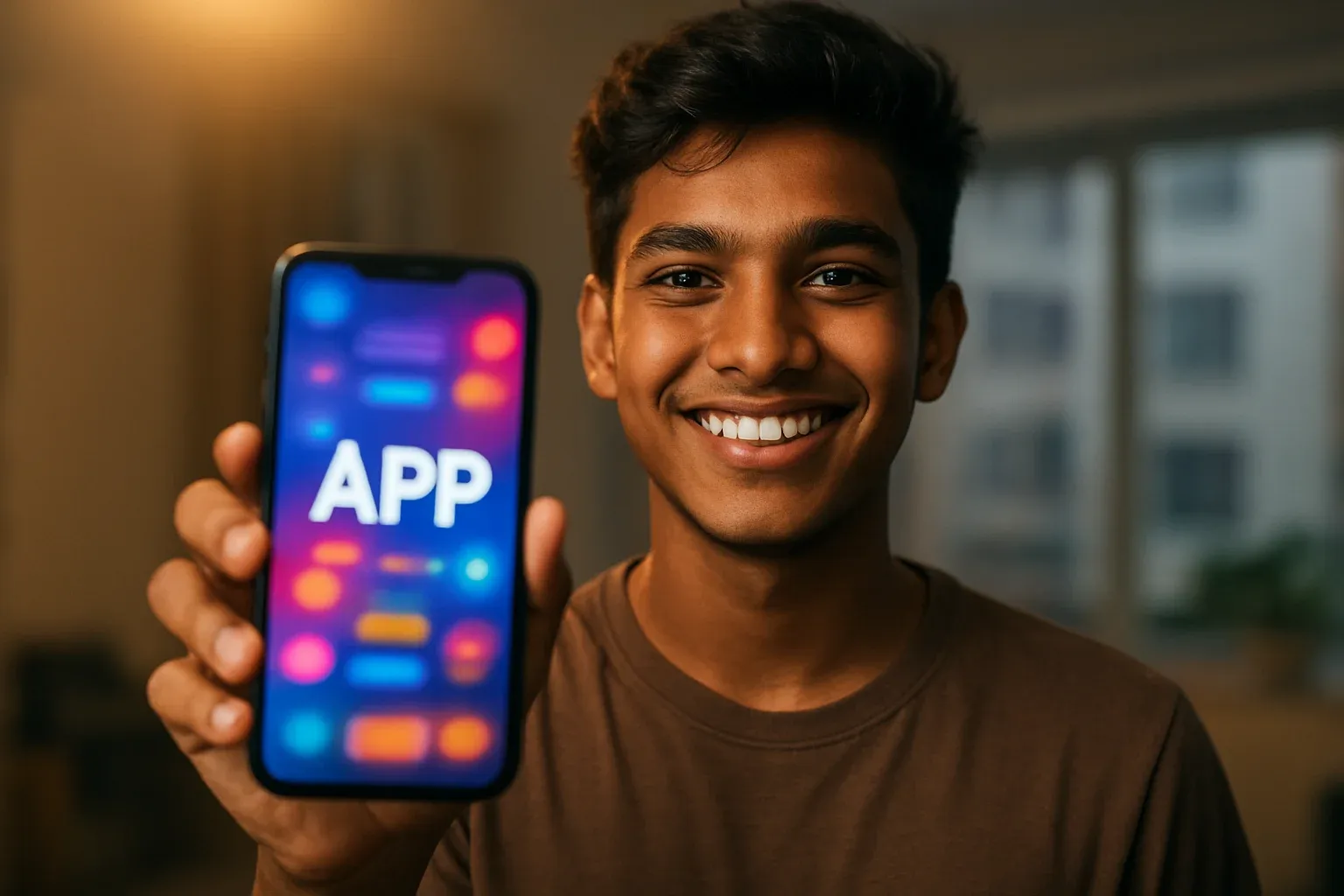 Young Bangladeshi man smiling, holding smartphone with colorful gaming app screen