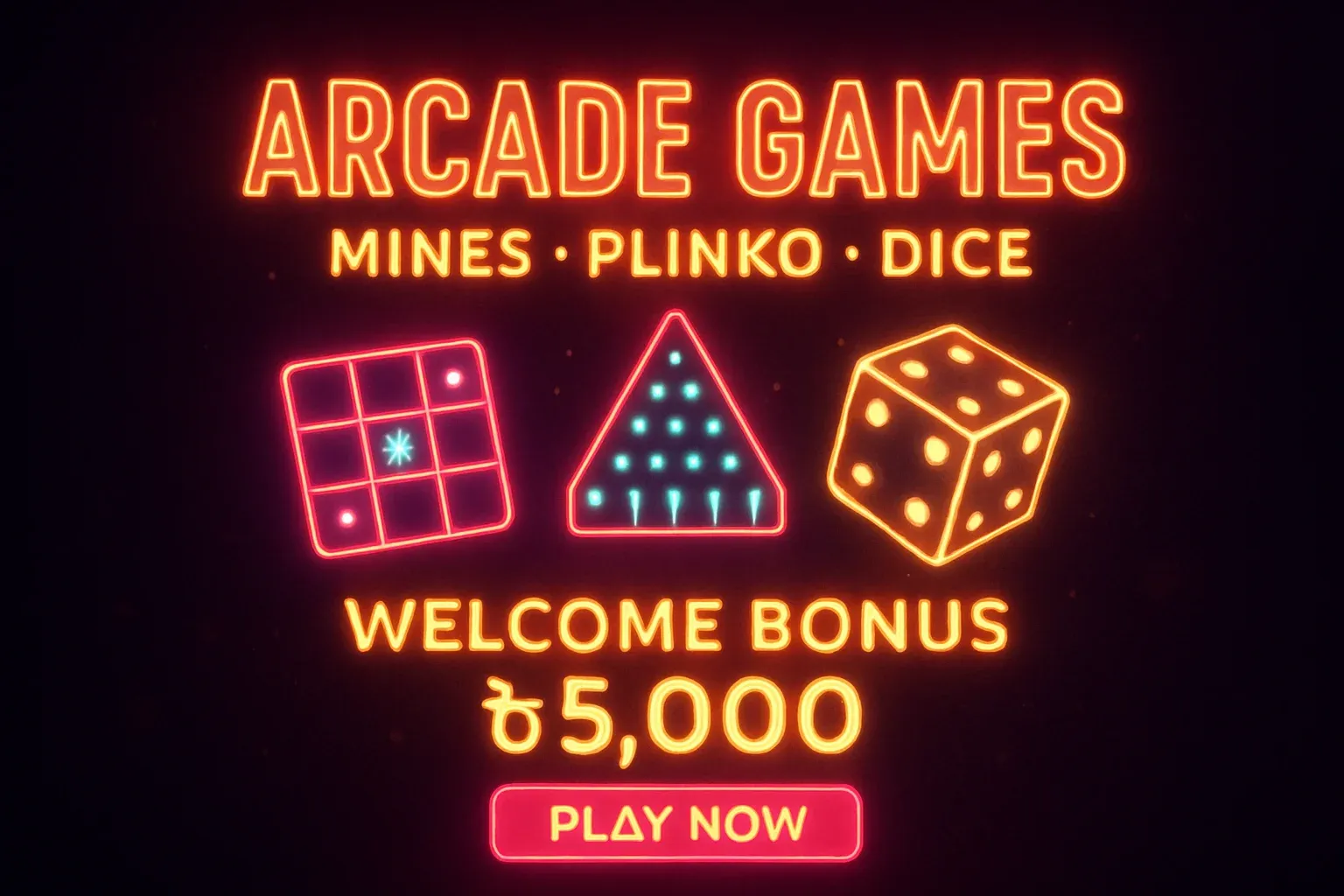 Neon arcade games banner with mines, plinko, dice, and play button