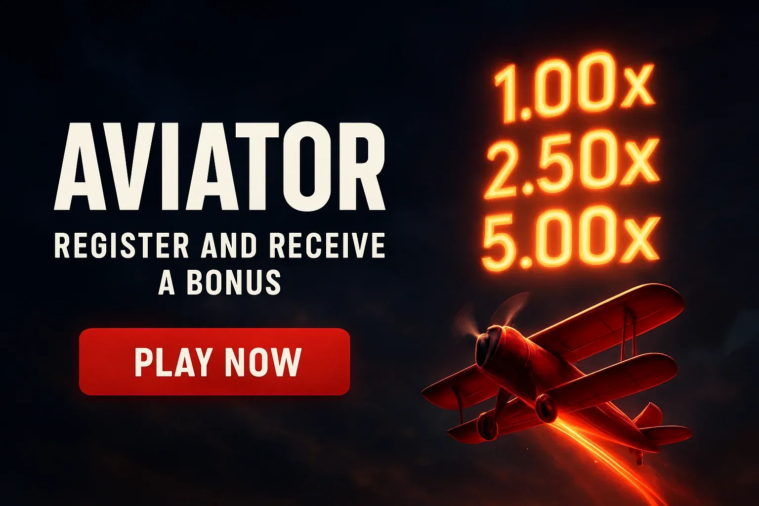 Aviator crash game banner with red plane, multipliers, and play button