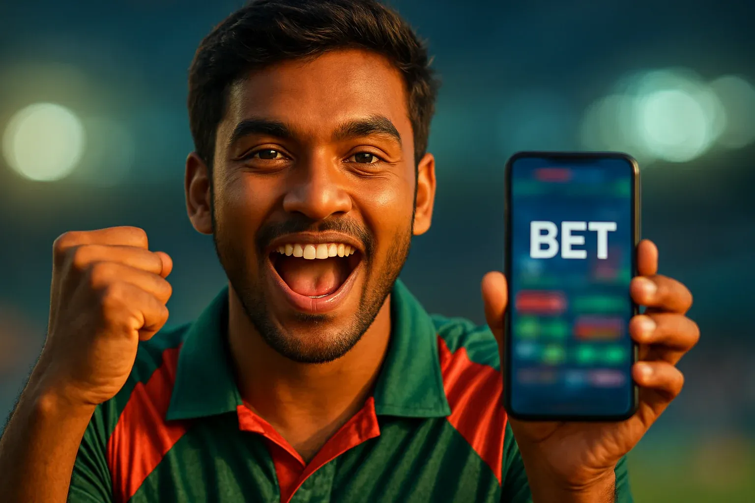 Excited Bangladeshi man holding smartphone with sports betting screen saying BET