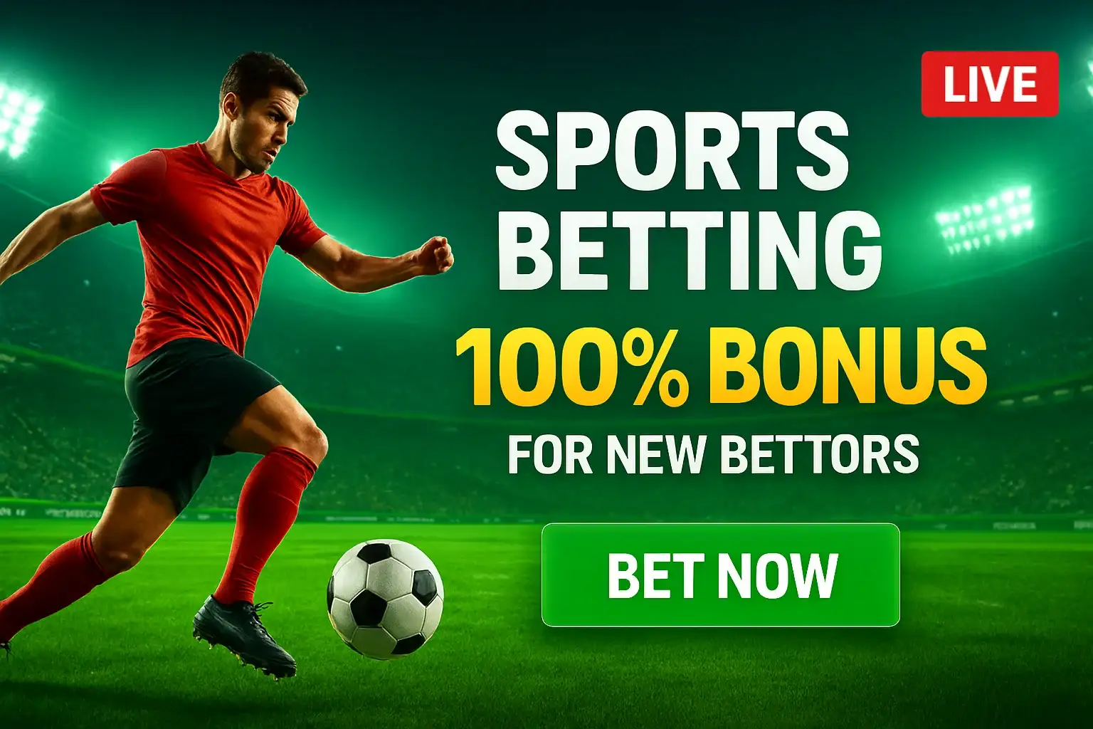 Sports betting banner with footballer, stadium, bonus offer, and bet now button