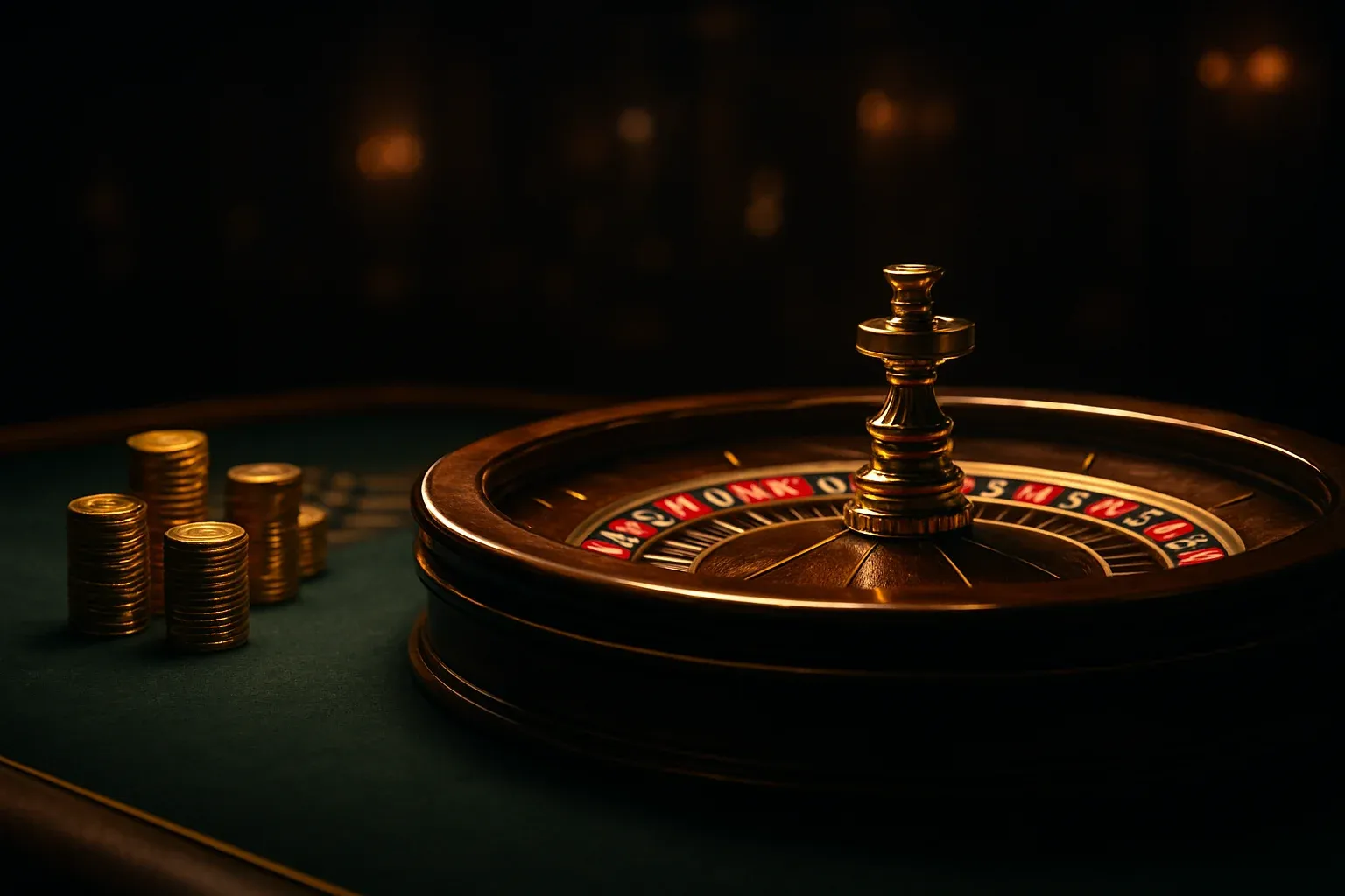 Elegant live casino table with glowing roulette wheel and golden chips
