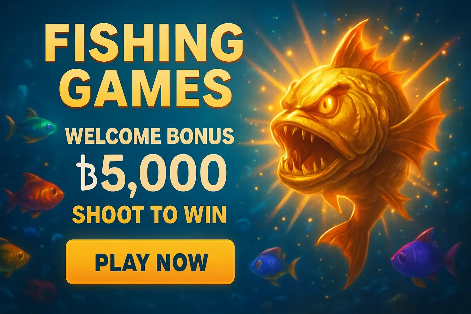Fishing arcade banner with golden boss fish, bonus offer, and play button