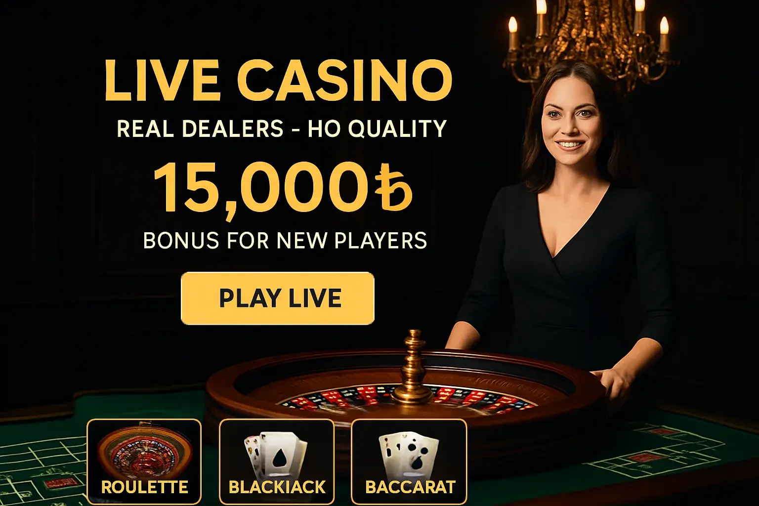 Live casino banner with female dealer, roulette table, and Bangladesh bonus offer