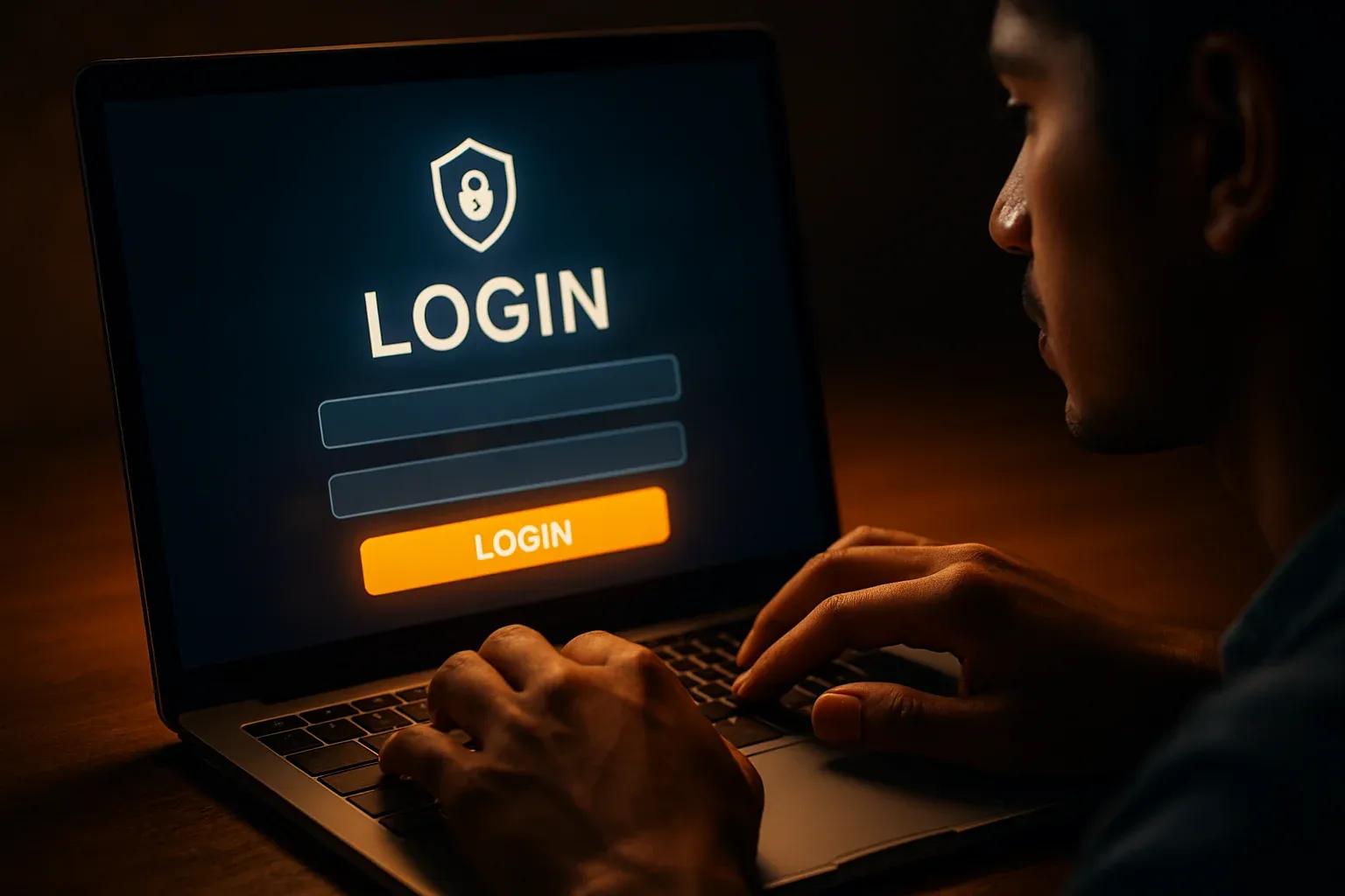Young Bangladeshi man using laptop with visible login screen and glowing button