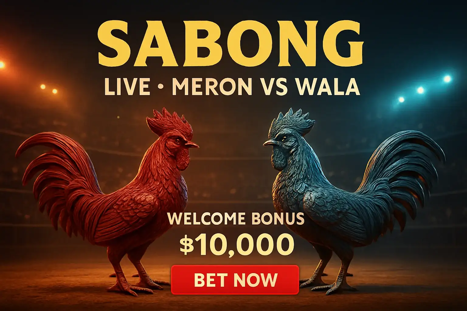 Live sabong banner with decorative rooster figurines and bonus offer