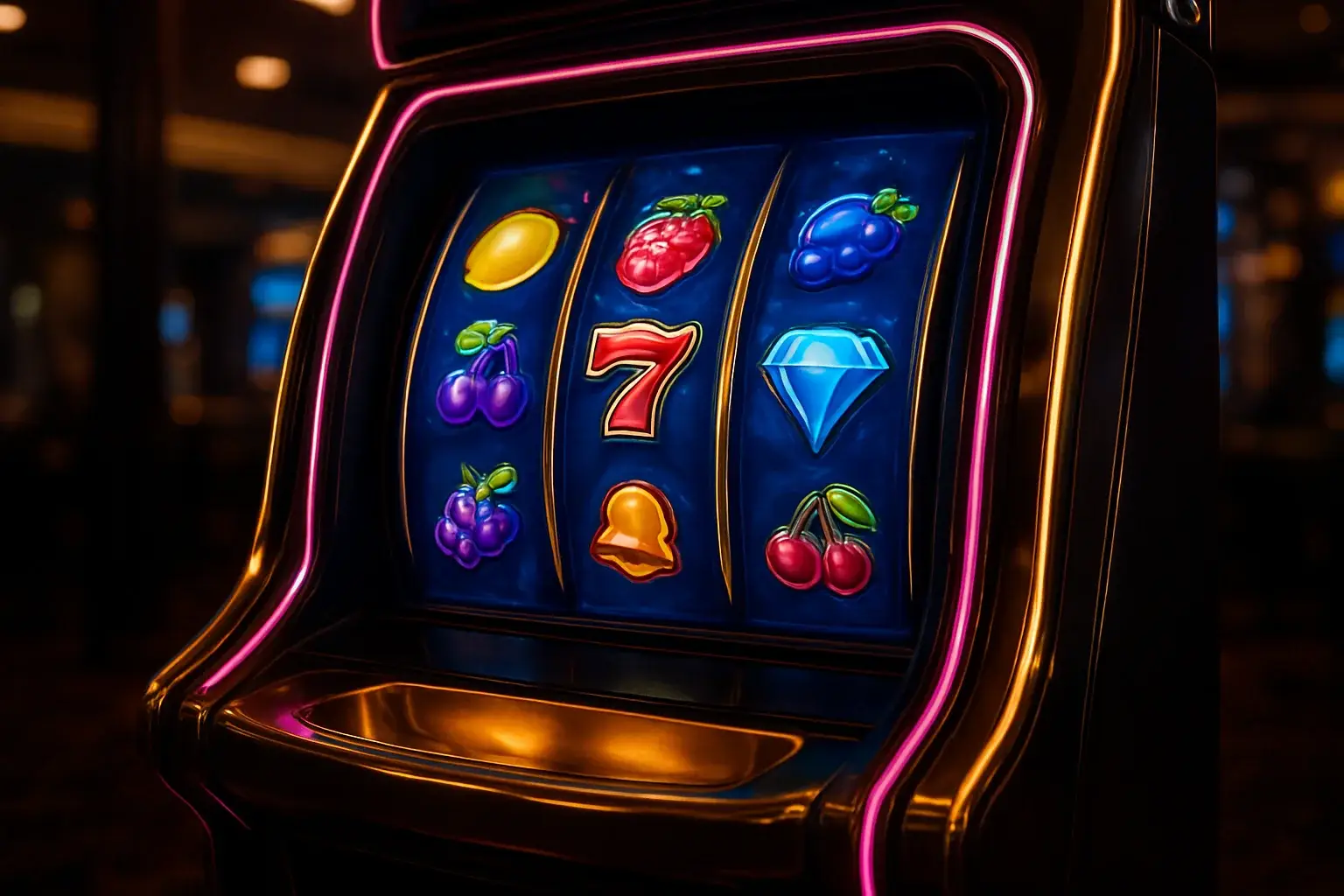Hyperrealistic premium slot machine in dark luxury casino with glowing reels